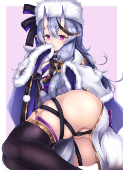 Rule 34 | 1girl, ass, black panties, black thighhighs, blue hair, blush, bow, breasts, cameltoe, closed mouth, female focus, hair between eyes, hair ornament, hair tubes, hat, hat bow, highres, horns, japanese clothes, kimono, long hair, long sleeves, looking at viewer, lying, mole, mole under mouth, nijisanji, obi, on side, oni, panties, partially visible vulva, pointy ears, pom pom (clothes), purple background, purple eyes, rindou mikoto, rindou mikoto (2nd costume), robe, sash, shimo (depthbomb), short eyebrows, simple background, skin-covered horns, sleeves past fingers, sleeves past wrists, smile, solo, thick eyebrows, thighhighs, thighs, underwear, virtual youtuber, wide sleeves