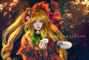 1girl artist_name asinjuasflora blonde_hair blue_eyes bonnet bow cup dress drill_hair flower frills green_bow hat holding holding_cup holding_plate long_hair long_sleeves looking_at_viewer plate realistic red_dress rose rozen_maiden shinku solo twintails very_long_hair