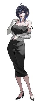 1girl absurdres ahoge bare_shoulders black_choker black_dress black_hair blue_eyes blue_hair breasts choker colored_inner_hair dress full_body high_heels highres large_breasts looking_at_viewer mole mole_under_mouth multicolored_hair open_mouth original short_hair simple_background sleeveless sleeveless_dress solo standing strap_slip white_background zutsuyaku