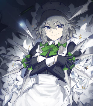 1girl apron between_fingers black_gloves blue_eyes boa_(brianoa) bow bowtie braid commentary_request cowboy_shot flower flower_request gloves green_bow green_bowtie grey_hair hair_bow holding holding_knife izayoi_sakuya knife knives_between_fingers long_hair long_sleeves looking_at_viewer maid maid_headdress smile solo touhou twin_braids waist_apron white_apron white_flower