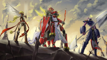 Rule 34 | blonde hair, craniummon, digimon, digimon (creature), duftmon, highres, royal knights, sleipmon, sword, tail, twintails, weapon