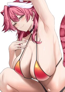 1girl absurdres animal_ears arm_up armpits bikini black_choker blush breasts choker cleavage closed_mouth collarbone commentary extra_ears fang gradient_bikini grey_background hair_intakes highres hololive hololive_english huge_breasts long_hair looking_at_viewer multicolored_hair navel panther_ears panther_girl panther_tail pink_hair pink_tail raora_panthera red_bikini revision si_farid simple_background skin_fang smile solo stomach streaked_hair sweat swimsuit tail thighs two-tone_hair virtual_youtuber white_hair yellow_bikini yellow_eyes