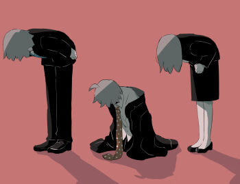 1girl 2boys absurdres ahoge apologizing arms_at_sides avogado6 bent_over black_footwear black_jacket black_pants black_skirt blue_neckwear business_suit child family formal_clothes grey_hair highres jacket long_sleeves medium_hair multiple_boys necktie original oversized_clothes own_hands_together pants polka_dot_neckwear red_background red_neckwear shirt shoes simple_background skirt sleeves_past_fingers sleeves_past_wrists suit symbolism white_shirt