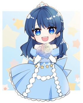 Rule 34 | 1girl, :d, bare shoulders, blue background, blue dress, blue eyes, blue hair, border, bouquet, cho toutoi love, collarbone, commentary, deformed, dress, elbow gloves, flower, gloves, half updo, highres, holding, holding bouquet, kanduki kamibukuro, link! like! love live!, long dress, long hair, looking at viewer, love live!, murano sayaka, off-shoulder dress, off shoulder, open mouth, outside border, smile, solo, star (symbol), star symbol background, teeth, upper teeth only, virtual youtuber, white border, white gloves