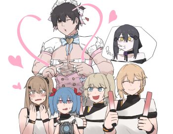 Rule 34 | 1boy, 5girls, black hair, blonde hair, blue eyes, blue hair, brown hair, closed eyes, colphne (girls' frontline 2), commander (girls' frontline), crossdressing, crossdressing (mtf), dandelion (girls' frontline), dark, girls' frontline, girls' frontline 2: exilium, groza (girls' frontline 2), heart, highres, k2 (girls' frontline), lightstick, maid, maid headdress, male maid, multiple girls, natawaru, ots-14 (girls' frontline), red eyes, vepley (girls' frontline 2), white background, yellow eyes, yoohee (girls' frontline 2)