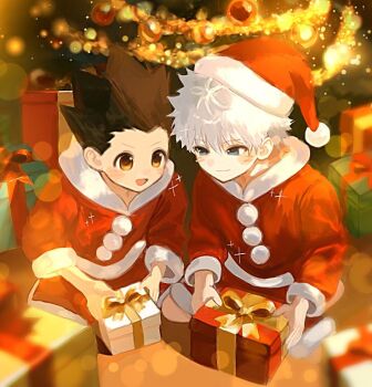 2boys alternate_costume blue_eyes blush box brown_eyes brown_hair christmas christmas_ornaments christmas_tree closed_mouth coat commentary gift gift_box gold_ribbon gon_freecss hat hunter_x_hunter killua_zoldyck long_sleeves male_focus multiple_boys open_mouth oyasai_ngate red_coat ribbon santa_costume santa_hat short_hair smile spiked_hair symbol-only_commentary tinsel tree white_hair white_trim widow's_peak
