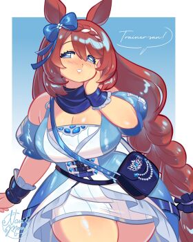 1girl animal_ears bag bare_shoulders beads belt belt_buckle blue_background blue_bag blue_belt blue_bow blue_dress blue_eyes blue_scarf blue_sleeves blue_wrist_cuffs blush border bow braid breasts brown_hair buckle cleavage colored_eyelashes commentary constellor cowboy_shot crown_braid detached_sleeves dot_nose dress ear_bow english_commentary english_text flower frilled_wrist_cuffs frills hair_between_eyes hair_flower hair_ornament hair_tie hand_on_own_cheek hand_on_own_face happy highres horse_ears horse_girl large_breasts layered_dress lips long_hair looking_at_viewer low-tied_long_hair multicolored_hair o-ring open_mouth outside_border plump puffy_short_sleeves puffy_sleeves scarf short_sleeves shoulder_bag signature sleeveless sleeveless_dress smile solo speech_bubble square_neckline streaked_hair striped_clothes striped_dress super_creek_(murmuring_stream)_(umamusume) super_creek_(umamusume) tareme thighs umamusume vertical-striped_clothes vertical-striped_dress very_long_hair white_border white_dress white_flower wrist_cuffs