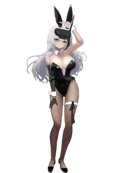 1girl absurdres animal_ear_hairband animal_ears black_leotard blush breasts covered_navel detached_collar fake_animal_ears fishnet_pantyhose fishnets goddess_of_victory:_nikke hairband head-mounted_display highleg highleg_leotard highres large_breasts leotard long_hair mechanical_arms open_mouth pantyhose playboy_bunny rabbit_ear_hairband rabbit_ears single_mechanical_arm snow_white_(nikke) strapless strapless_leotard visor_(armor) visor_lift white_hair white_wrist_cuffs wrist_cuffs yakii_(yak11) yellow_eyes