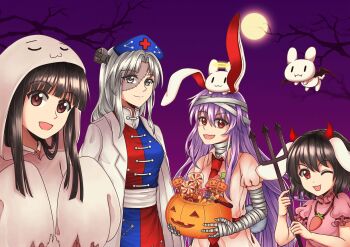 Rule 34 | 4girls, :3, animal ears, bandaged arm, bandaged head, bandaged neck, bandages, bare tree, bat wings, black hair, blunt bangs, brown eyes, carrot necklace, dress, fake horns, floppy ears, full moon, ghost costume, grey eyes, grey hair, halloween, halo, hat, horns, houraisan kaguya, inaba tewi, jewelry, lab coat, light purple hair, long hair, moon, multiple girls, necklace, necktie, night, nurse cap, open mouth, pink dress, pink shirt, puffy short sleeves, puffy sleeves, rabbit, rabbit ears, red eyes, red necktie, reisen udongein inaba, shirt, short hair, short sleeves, smile, stitches, teruyof, touhou, tree, vermeith, very long hair, wings, yagokoro eirin