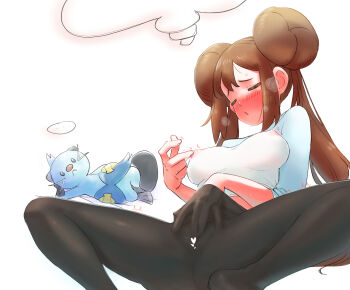 ... 1girl absurdres black_pantyhose blush breasts brown_hair censored commentary_request covered_erect_nipples dewott double_bun female_masturbation gen_5_pokemon hair_bun hand_under_clothes heart heart_censor highres long_hair masturbation nintendo open_mouth pantyhose pokemon pokemon_(creature) pokemon_bw2 raised_inner_eyebrows rosa_(pokemon) shirt sidelocks speech_bubble spread_legs thought_bubble three-quarter_sleeves twintails u4_99384295 white_background