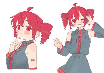 1girl ahoge blush breasts detached_sleeves dress drill_hair finger_to_mouth grey_dress grey_shirt highres kasane_teto kasane_teto_(utau) long_sleeves looking_at_viewer multiple_views ofo_j1 pleated_dress portrait red_hair shirt sidelocks simple_background sleeveless sleeveless_shirt small_breasts twin_drills utau white_background