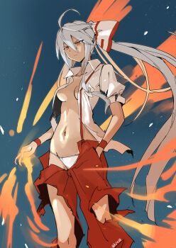 1girl absurdres bow breasts collared_shirt fire fujiwara_no_mokou groin hair_bow hand_in_pocket highres kakaricho_dairi long_hair medium_breasts midriff navel open_clothes open_shirt orange_eyes outdoors panties pants ponytail pyrokinesis red_bow red_pants red_suspenders shirt short_sleeves solo stomach torn_clothes torn_pants torn_shirt touhou two-tone_bow underwear white_bow white_panties