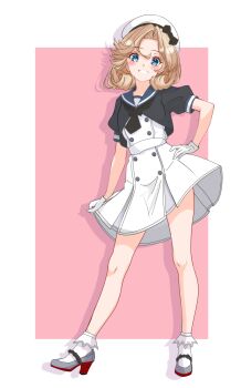 absurdres black_neckerchief blonde_hair blue_eyes blue_sailor_collar border clothes_lift country_connection dress gloves hat highres janus_(kancolle) kantai_collection mary_janes neckerchief nitamako_(sakamalh) parted_bangs pink_background sailor_collar sailor_dress sailor_hat shoes short_hair skirt skirt_lift white_border white_dress white_gloves white_hat