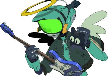 <|>_<|> animal animal_on_shoulder baby_animal bass_guitar black_cat bomber_jacket canti cat cat_on_shoulder commentary electric_guitar flcl guitar halo hashtag-only_commentary highres holding holding_animal holding_cat holding_guitar holding_instrument humanoid_robot instrument jacket kitten nineinsweet open_clothes open_jacket robot screen simple_background takkun_(flcl) unzipped upper_body whiskers white_background wings zipper