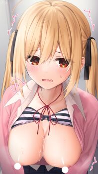 Rule 34 | 1girl, ahoge, black ribbon, blonde hair, blonde hair-chan (ramchi), blush, bow, bow bra, bra, bra lift, breasts, censored, censored nipples, cleavage, clothes lift, collarbone, collared shirt, commentary request, cum, cum on body, cum on breasts, cum on upper body, fang, hair between eyes, hair ribbon, heart, heart in eye, highres, large breasts, long hair, looking at viewer, open clothes, open shirt, original, parted lips, pink sweater, raised inner eyebrows, ramchi, red bow, red eyes, red ribbon, ribbon, saliva, shirt, sidelocks, skin fang, spoken blush, striped bra, striped clothes, sweat, sweatdrop, sweater, symbol in eye, tearing up, trembling, twintails, underwear, white shirt