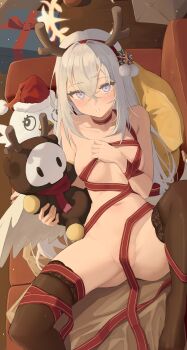 1girl absurdres antlers areola_slip azusa_(blue_archive) black_thighhighs blue_archive blush breasts character_doll commentary couch covered_erect_nipples doll fake_antlers gluteal_fold gradient_eyes grey_hair groin hair_between_eyes halo highres horns long_hair looking_at_viewer lying multicolored_eyes naked_ribbon navel on_back on_couch parted_lips peroro_(blue_archive) purple_eyes red_ribbon reindeer_antlers ribbon skullman_(blue_archive) small_breasts solo t-hou thighhighs thighs yellow_halo