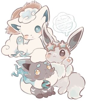 alolan_form alolan_vulpix blue_eyes blush brown_eyes closed_mouth eevee gen_1_pokemon gen_7_pokemon highres hisuian_zorua mkt_(buizu-miki) mouth_hold nintendo no_humans one_eye_closed pokemon pokemon_(creature) simple_background sitting twitter_username white_background yellow_eyes