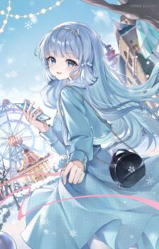 Rule 34 | 1girl, absurdres, amusement park, ayaka (genshin impact), bag, black bag, blue dress, blue eyes, blue hair, blue jacket, blue sky, breasts, carousel, cellphone, chinese commentary, commentary request, contemporary, dress, ferris wheel, from behind, genshin impact, guzangnanfeng, hair ornament, hand up, handbag, highres, holding, holding phone, jacket, kamisato ayaka, kamisato ayaka (oneplus), long hair, long sleeves, looking at viewer, looking back, medium breasts, official alternate costume, open mouth, phone, skirt hold, sky, smartphone, smile, snow, snowflakes, snowing, solo, teeth, upper teeth only, winter