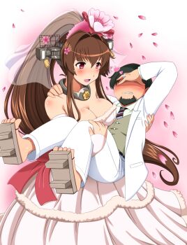 10s 1boy 1girl artist_self-insert bad_id bad_pixiv_id black_hair blush breasts brown_hair carrying cleavage dress highres jewelry kantai_collection large_breasts long_hair ponytail princess_carry red_eyes reverse_princess_carry ring shin'en-san_(shin'en) shin'en_(gyokuro_company) short_hair very_long_hair wedding_band wedding_dress yamato_(kancolle)