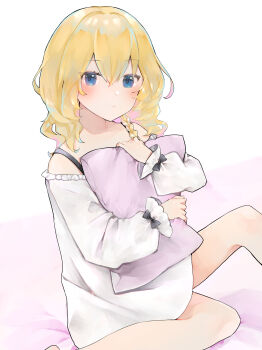 1girl :/ absurdres alternate_costume bare_shoulders bed_sheet blonde_hair blue_eyes blush braid closed_mouth commentary_request expressionless hair_between_eyes highres hugging_object kirisame_marisa long_sleeves looking_at_viewer medium_hair minatsuki_yurara nightgown no_headwear pillow pillow_hug sitting solo touhou white_background white_nightgown