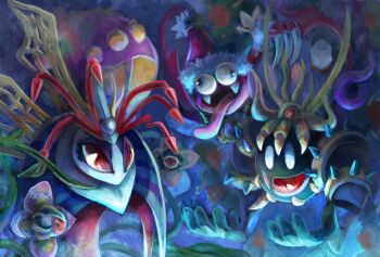 antennae blue_eyes blue_skin claws colored_skin crown drawcia drawcia_soul fangs hat jester_cap kirby&#039;s_return_to_dream_land kirby:_triple_deluxe kirby_(series) kirby:_canvas_curse kirby_super_star_ultra long_tongue magolor magolor_soul marx_(kirby) marx_soul master_crown momoko_(nihontou) monster nintendo no_humans open_mouth queen_sectonia red_eyes smile soul_of_sectonia spikes spoilers tongue tongue_out trait_connection wings