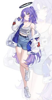 1girl absurdres alternate_costume alternate_hairstyle blue_archive blue_eyes blue_hair blue_shorts breasts camisole cleavage closed_mouth clothes_writing collarbone commentary denim denim_shorts grey_camisole hair_intakes half_updo hand_up highres jacket long_hair long_sleeves looking_at_viewer medium_breasts open_clothes open_jacket puffy_long_sleeves puffy_sleeves short_shorts shorts simple_background single_bare_shoulder single_off_shoulder solo standing standing_on_one_leg strap_slip thighs wh0_r_uo_o white_background white_jacket yuuka_(blue_archive) zoom_layer