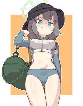 1girl bag bikini bikini_bottom_only blue_archive blue_eyes breasts bucket_hat commentary cowboy_shot cropped_jacket duffel_bag formerly frown green_halo grey_bikini grey_hair halo hat holding holding_bag large_breasts midriff navel saki_(blue_archive) saki_(swimsuit)_(blue_archive) solo swimsuit thigh_gap