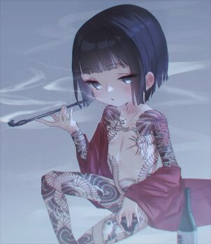 1girl absurdres alcohol black_eyes black_hair bottle captaintcher clothes_down flat_chest full-body_tattoo highres huge_filesize japanese_clothes kimono kiseru loli looking_at_viewer original sake sake_bottle short_hair sitting smoking smoking_pipe solo tattoo
