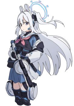 1girl animal_ear_headphones animal_ears blue_archive blue_halo blue_serafuku blue_shirt blue_skirt braid bulletproof_vest closed_mouth commentary_request fake_animal_ears feet_out_of_frame floating_hair grey_hair gun hair_intakes half_up_braid halo headphones holding holding_gun holding_weapon knee_pads long_hair looking_at_viewer miniskirt miyako_(blue_archive) momomatang neckerchief one_side_up pink_neckerchief pleated_skirt purple_eyes rabbit_ear_headphones rabbit_ears sailor_collar school_uniform serafuku shirt sidelocks simple_background skirt solo standing tactical_school_uniform very_long_hair weapon white_background white_sailor_collar