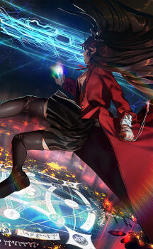 1girl alterab black_skirt black_thighhighs brown_thighhighs cityscape coat fate/grand_order fate/stay_night fate_(series) floating_hair full_moon highres long_hair looking_away magic_circle magic_circuit moon night parody parted_lips red_coat saint_quartz_(fate) shoes skirt sky solo sparkle summoning thighhighs tohsaka_rin two_side_up wind zettai_ryouiki