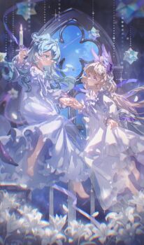 Rule 34 | 2girls, absurdres, ahoge, barefoot, blonde hair, blue eyes, blue hair, candle, commentary, dzrzpuna2tcxcu3, elira pendora, enna alouette, floating, flower, full body, hair over one eye, head wings, highres, holding, holding candle, holding hands, long hair, looking at another, multiple girls, nightgown, nijisanji, nijisanji en, purple eyes, shooting star, symbol-only commentary, virtual youtuber, white flower, white nightgown, wings