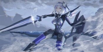 1girl absurdres breasts cyborg highres holding holding_shield holding_sword holding_weapon large_breasts mechanical_arms mechanical_legs mechanical_wings medium_hair punishing:_gray_raven rosetta_(pgr) shield solo sword weapon white_hair wings yellow_eyes youlan