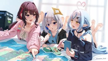 3girls :d :o ahoge amane_kanata angel_wings azki_(hololive) azki_(yurufuwa_casual)_(hololive) barefoot black_bow black_choker black_hair black_jacket black_sweater blue_hair blue_shirt blue_streaks blurry blurry_background bob_cut bow braid cardigan casino_(casinoep) center-flap_bangs choker colored_inner_hair commentary_request day double-parted_bangs dress elf feathered_wings food frilled_dress frills grey_hair hair_bow hair_intakes hair_ornament hairclip halo heart heart_ahoge highres holding holding_food holding_notebook holding_pen hololive hood hooded_cardigan hooded_jacket indoors jacket long_hair long_sleeves looking_at_another looking_at_map loungewear low_twintails lying mini_wings mole mole_under_eye multicolored_hair multiple_girls notebook official_alternate_costume official_alternate_hairstyle on_stomach open_mouth paid_reward_available pen pink_cardigan pink_choker pink_hair pink_streaks pointy_ears pp_tenshi_t-shirt purple_eyes shirt short_hair side_braids single_hair_intake single_off_shoulder smile soles star_halo streaked_hair sweater the_pose tilted_halo toes twintails virtual_youtuber white_dress white_streaks white_wings wings x_hair_ornament yellow_eyes yukihana_lamy yukihana_lamy_(cyber)