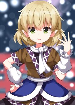 1girl black_skirt blonde_hair blurry blurry_background brown_shirt commentary_request cowboy_shot green_eyes hand_on_own_hip hand_up highres looking_at_viewer mizuhashi_parsee pointy_ears ruu_(tksymkw) sash scarf shirt short_hair short_sleeves skirt solo touhou white_arm_warmers white_sash white_scarf