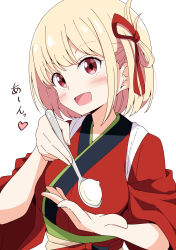 Rule 34 | 1girl, :d, absurdres, aikawa ryou, blonde hair, blush, commentary, feeding, highres, holding, holding spoon, japanese clothes, kimono, looking at viewer, lycoris recoil, nishikigi chisato, obi, open mouth, red eyes, red kimono, sash, short sleeves, simple background, smile, solo, spoon, tasuki, translated, upper body, white background, wide sleeves