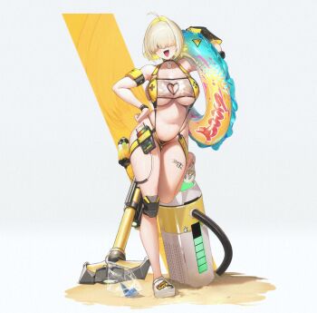 1girl :d ahoge bag black_choker black_gloves blonde_hair breasts choker clothing_cutout commentary crocs diorama elegg_(boom_and_shock)_(nikke) elegg_(nikke) full_body game_controller_print gloves gluteal_fold goddess_of_victory:_nikke hair_intakes hair_over_eyes hand_on_own_hip heart_cutout highres holding holding_swim_ring innertube jam_(nandade) knee_pads large_breasts looking_at_viewer multicolored_hair navel official_alternate_costume official_art one-piece_swimsuit open_mouth plastic_bag plump rabbit_choker rabbit_ornament sand see-through_slingshot_swimsuit short_hair simple_background single_glove slingshot_swimsuit smile solo standing standing_on_one_leg sticker sticker_on_leg swim_ring swimsuit thigh_gap thighs two-sided_gloves weapon white_background wide_hips yellow_one-piece_swimsuit yellow_slingshot_swimsuit