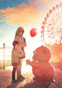 1other 2girls absurdres amusement_park animal_costume bag balloon belt black_hair black_skirt black_thighhighs blurry blurry_background brown_eyes brown_hair closed_eyes commentary_request ferris_wheel grey_shoes handbag highres holding_hands jacket lamppost loose_socks macaronk multiple_girls original otter_costume outdoors shoes skirt smile sneakers socks squatting thighhighs twilight