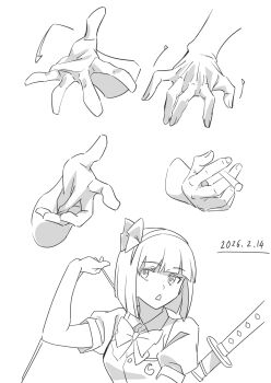 Rule 34 | 1girl, bow, bowtie, commentary request, dated, gyouza (mhea5724), hand focus, highres, katana, konpaku youmu, medium hair, monochrome, parted lips, shirt, short sleeves, sketch, sword, touhou, triangle mouth, vest, weapon, white background