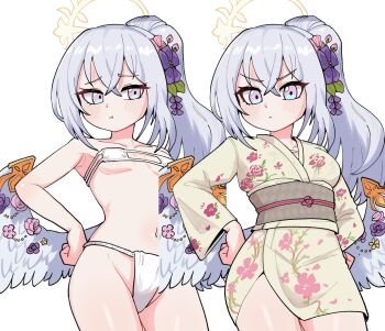Rule 34 | 1girl, alternate hairstyle, azusa (blue archive), blue archive, blush, bra, breasts, feathered wings, floral print, floral print kimono, flower, flower on head, frown, fundoshi, grey hair, hair flower, hair ornament, halo, hands on own hips, high ponytail, japanese clothes, kimono, long hair, mago cats, multiple views, obi, ponytail, pout, print kimono, purple eyes, sash, short kimono, small breasts, solo, standing, underwear, white background, white bra, white hair, white wings, wing ornament, wings