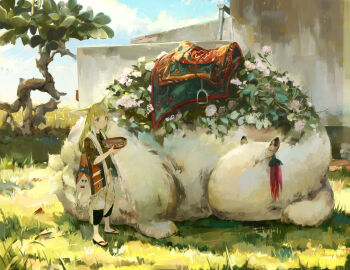 Rule 34 | 1girl, animal, animal ears, arknights, blonde hair, blue hairband, chinese commentary, closed mouth, colored tips, commentary, fox ears, fox girl, fox tail, green eyes, hairband, highres, holding, kitsune, kuto (kuroto), kyuubi, long hair, multicolored hair, multiple tails, outdoors, sandals, short sleeves, suzuran (arknights), tail, white hair, zouri