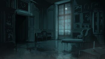 ballads_at_midnight candlestand chair highres indoors living_room lounge_chair moon night no_humans non-web_source official_art open_door portrait_(object) rug scenery sky star_(sky) starry_sky table window_light wooden_floor