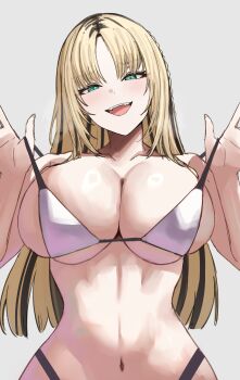 1girl :d absurdres bikini black_streaks blonde_hair blunt_ends braid breasts curtained_hair fangs grey_background highleg highleg_bikini highres hololive hololive_dev_is koganei_niko large_breasts long_hair looking_at_viewer multicolored_hair navel open_mouth si_farid side_braid simple_background slit_pupils smile solo stomach straight_hair strap_lift streaked_hair swimsuit virtual_youtuber white_bikini