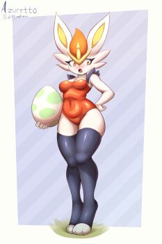 1girl absurdres animal_ears annoyed artist_name azuretto black_thighhighs blue_background body_fur breasts cinderace covered_navel egg embarrassed female_focus full_body furry furry_female gen_8_pokemon hand_on_own_hip highres leotard looking_afar looking_to_the_side medium_breasts nintendo open_mouth orange_eyes orange_leotard playboy_bunny pokemon pokemon_(creature) rabbit_ears rabbit_girl simple_background solo standing strapless strapless_leotard thighhighs toeless_legwear tsundere two-tone_background white_background white_fur wide_hips