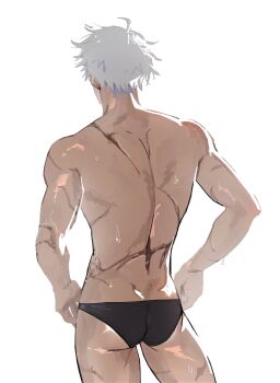 1boy absurdres ass back black_male_swimwear black_swim_briefs cowboy_shot from_behind gimmeyourmoni gojou_satoru highres jujutsu_kaisen male_focus male_swimwear multiple_scars scar scar_on_arm scar_on_back scar_on_thighs short_hair solo swim_briefs topless_male white_hair