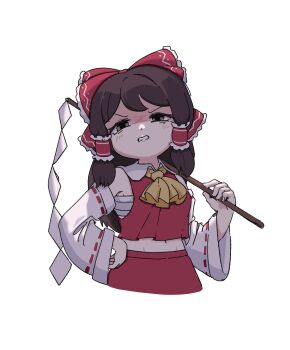 1girl angry ascot ay606078 bow brown_eyes brown_hair chest_sarashi commentary_request detached_sleeves frilled_bow frilled_hair_tubes frills gohei hair_bow hair_tubes hakurei_reimu highres holding holding_gohei long_hair midriff navel red_bow red_skirt ribbon-trimmed_sleeves ribbon_trim sarashi shaded_face simple_background skirt skirt_set solo touhou white_background yellow_ascot