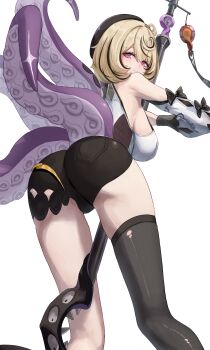 1girl absurdres ass asymmetrical_shorts bare_shoulders beret black_bow black_hat black_shorts black_thighhighs blonde_hair bow breasts charm_(object) closed_mouth commentary_request cowboy_shot cowlick detached_sleeves from_behind hair_between_eyes hat high-waist_shorts highres holding holding_weapon huge_filesize large_breasts looking_at_viewer looking_back mole mole_under_mouth monster_girl purple_eyes scylla shirt short_hair shorts simple_background single_thighhigh smile solo suction_cups takahashi_hizumi tentacle_girl tentacle_tail tentacles thighhighs torn_clothes torn_thighhighs weapon white_background white_shirt white_sleeves yidhari_murphy zenless_zone_zero