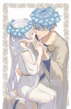 1boy 1girl blue_hair closed_eyes commentary couple dress earrings elf floral_border flower frieren hair_flower hair_ornament hand_on_another&#039;s_waist hetero highres himmel_(sousou_no_frieren) holding_hands interlocked_fingers jewelry long_hair looking_at_another pointy_ears sarasa_kouhaku short_hair sitting sitting_on_lap sitting_on_person sousou_no_frieren toga white_dress white_hair