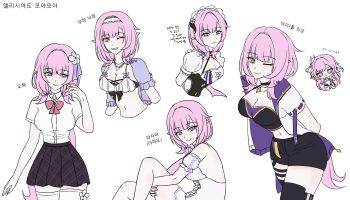 1girl ;) bikini black_shorts black_skirt black_tank_top black_thighhighs blue_eyes bow bowtie breasts chibi clam_(clamfish_13) cleavage commentary_request dress elf elysia_(herrscher_of_human:_ego)_(honkai_impact) elysia_(honkai_impact) elysia_(miss_pink)_(honkai_impact) elysia_(miss_pink_elf)_(honkai_impact) elysia_(summer_miss_elf)_(honkai_impact) flower hair_flower hair_ornament hairband highres honkai_(series) honkai_impact_3rd jacket korean_commentary korean_text large_breasts maid multiple_views official_alternate_costume one_eye_closed pink_bow pink_bowtie pink_hair pointy_ears shirt shorts simple_background sitting skirt smile swimsuit tank_top thighhighs thighs translation_request white_background white_bikini white_dress white_hairband white_jacket white_shirt