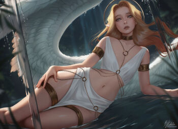 1girl angel angel_wings armlet blonde_hair blue_eyes body_chain feathered_wings flat_chest gold_armlet gold_thighlet halo jewelry lips long_hair looking_at_viewer lying midriff navel nebula_(neebulaart) o-ring on_side original pointy_ears signature solo thighlet traditional_halo water wings