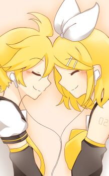 1boy 1girl ^_^ arm_tattoo black_sleeves blonde_hair bow closed_eyes closed_mouth commentary_request detached_sleeves earbuds earphones hair_bow hair_ornament hairclip highres kagamine_len kagamine_rin long_sleeves mimikkyu_(mimikyunosub) number_tattoo partial_commentary profile shirt smile tattoo u_u vocaloid white_bow white_shirt